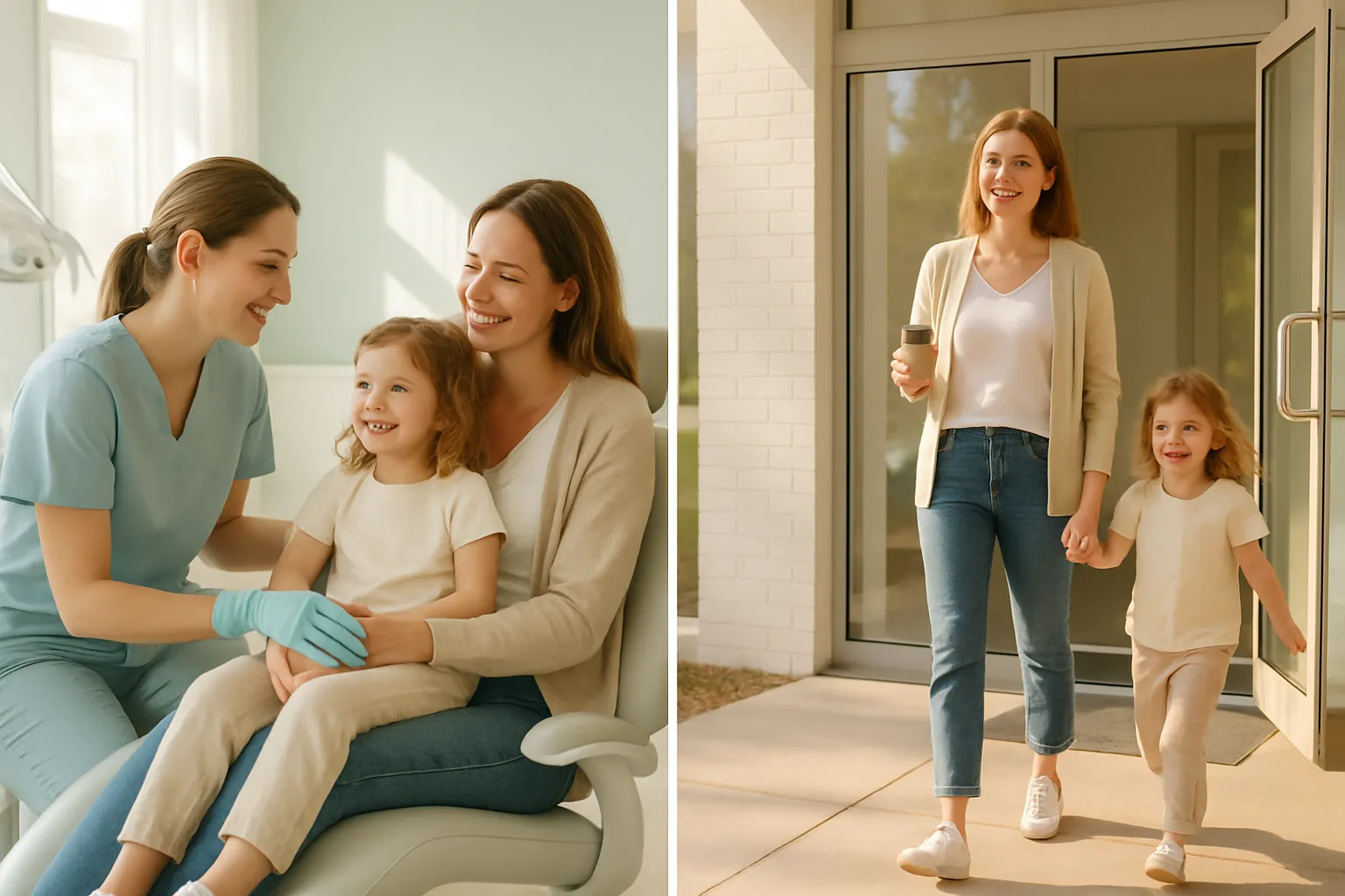 A mother and child relaxed during a dental checkup, then walking out of Harbor Dental on a sunny Saturday morning